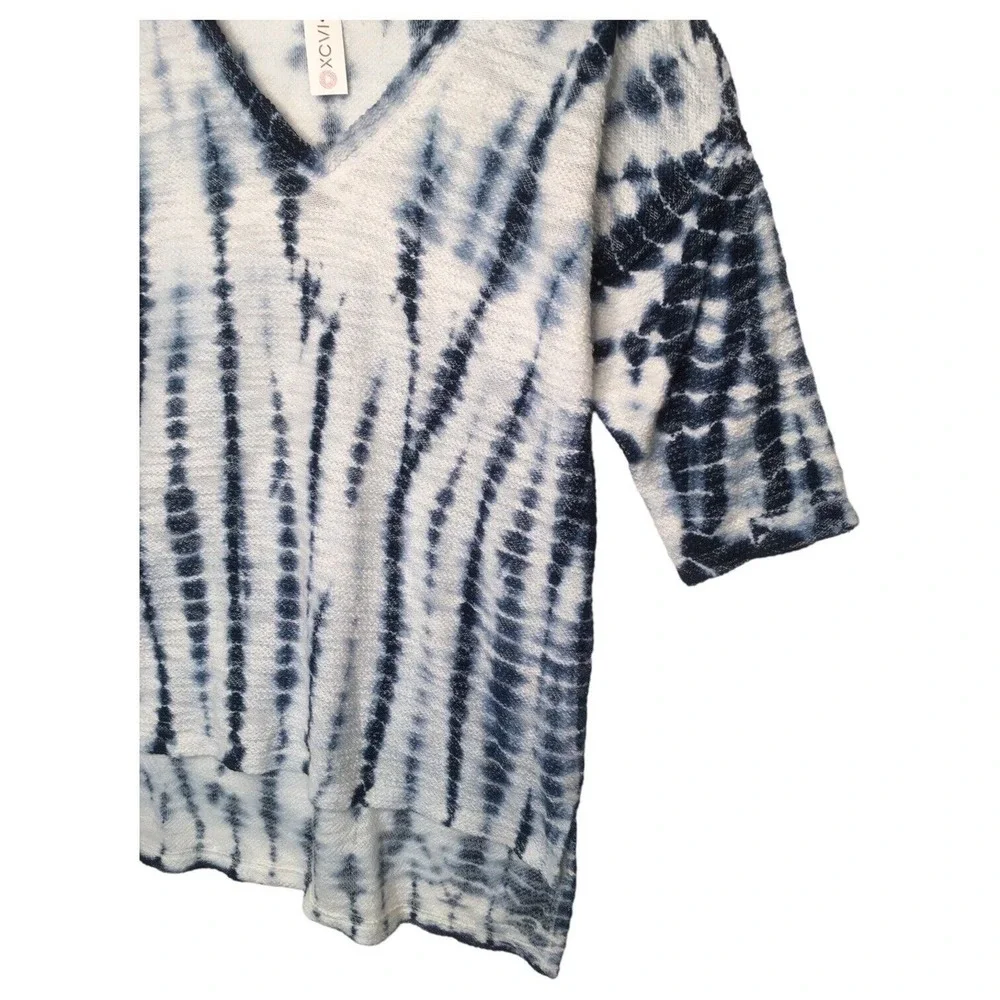 New XCVI Top Womens L Tie Dye Tunic Boho V Neck Short Sleeve Textured Knit Blue - Picture 10 of 14